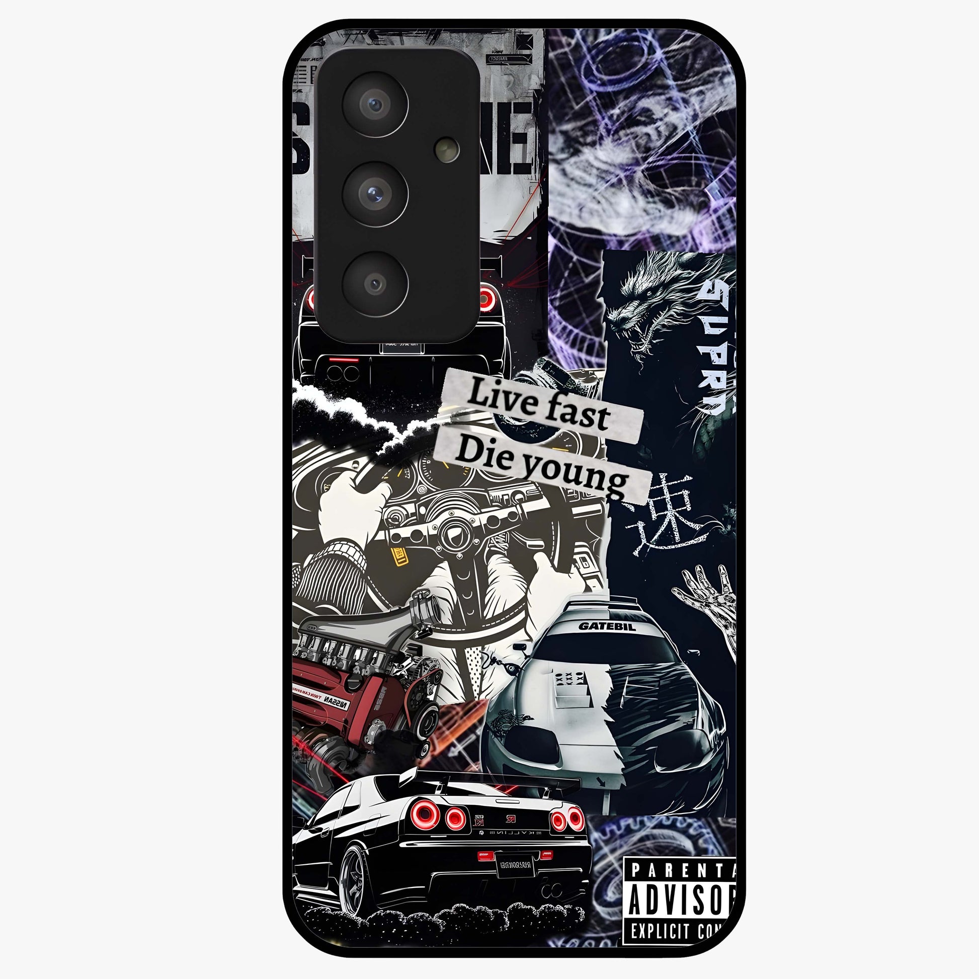 Die Young Glass Case showing flat back view with bold artistic typography design and glossy glass finish.