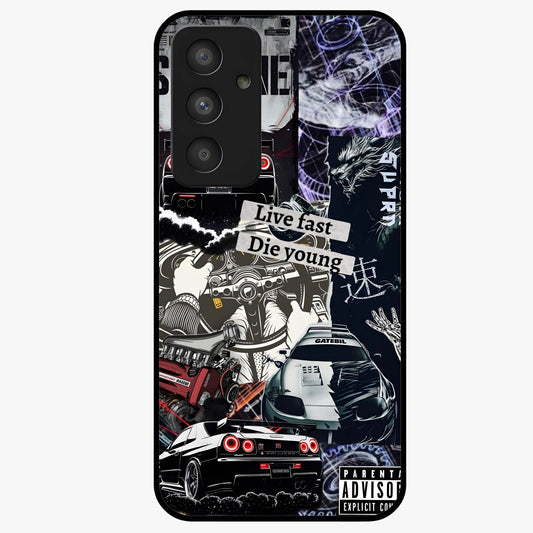 Die Young Glass Case showing flat back view with bold artistic typography design and glossy glass finish.