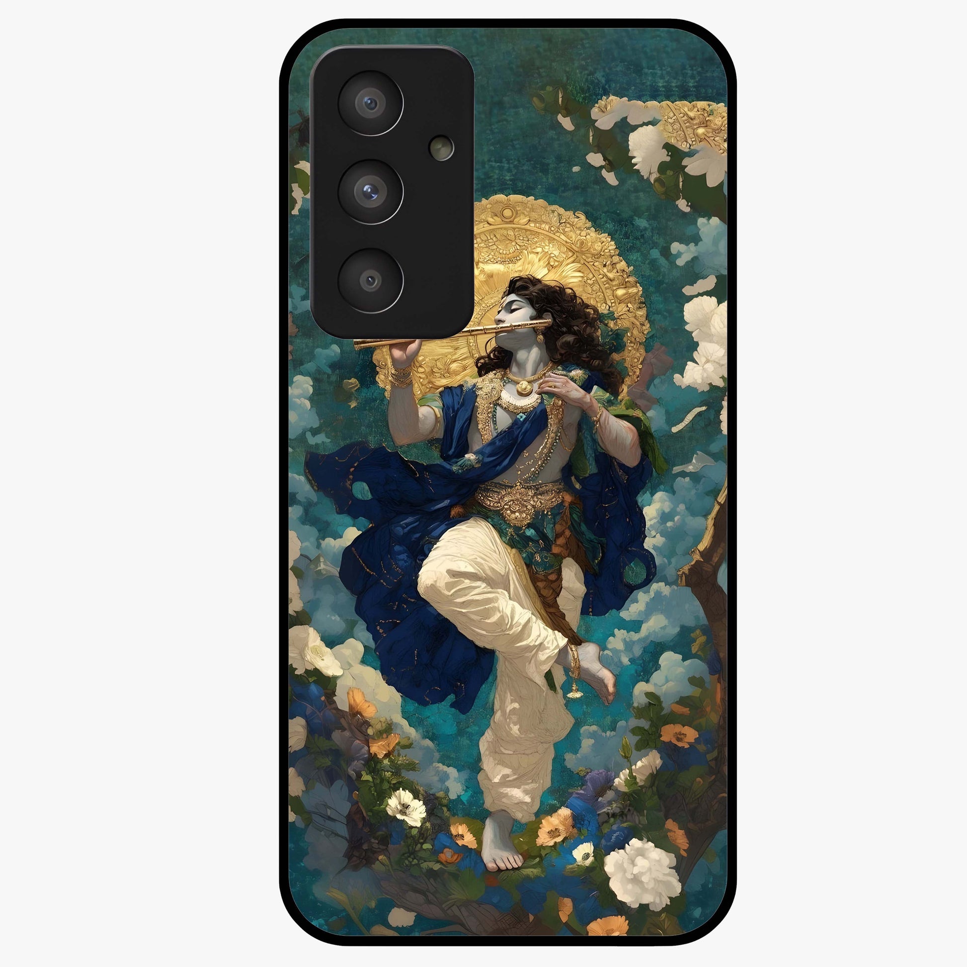 Divine Krishna Art Glass Case showing flat back view with Lord Krishna artwork and glossy glass finish.