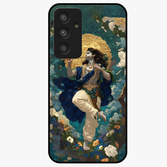 Divine Krishna Art Glass Case showing flat back view with Lord Krishna artwork and glossy glass finish.