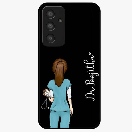 Doctor Pattern Custom Name Glass Case showing flat back view with medical themed pattern and personalized name design.