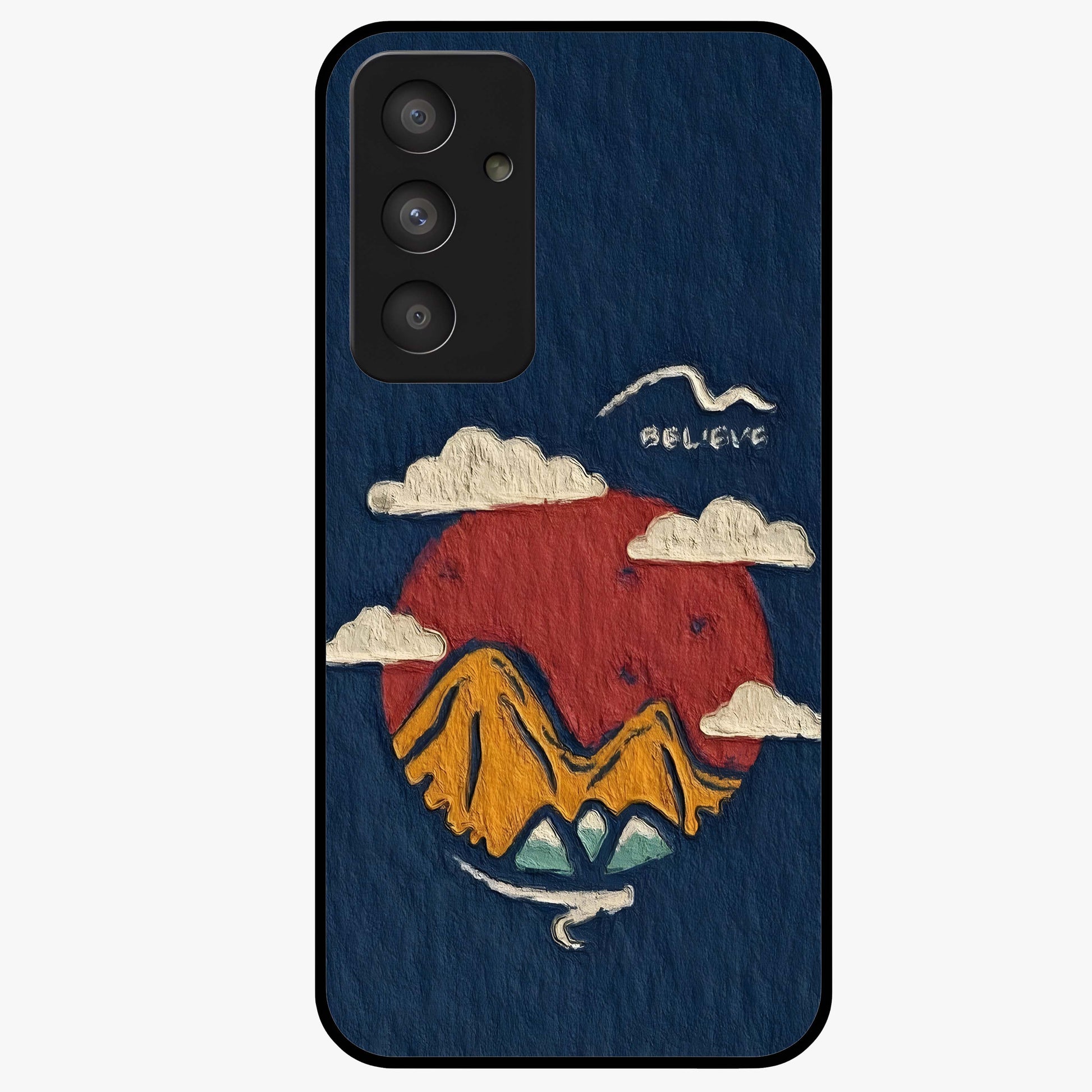 Dream Beyond Mountains Glass Case showing flat back view with scenic mountain landscape artwork and glossy glass finish.