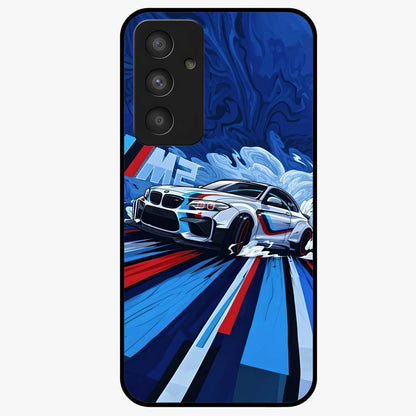 Drift Power Rush Glass Case showing flat back view with dynamic racing inspired artwork and glossy glass finish.