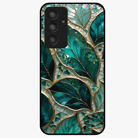 Emerald Leaf Glass Glass Case showing flat back view with emerald green leaf artwork and glossy glass finish.