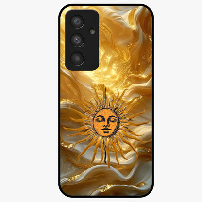 Eternal Golden Glow Glass Case showing flat back view with radiant golden themed artwork and glossy glass finish.
