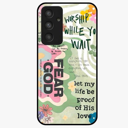 Faith Over Fear Glass Case showing flat back view with motivational typography artwork and glossy glass finish.