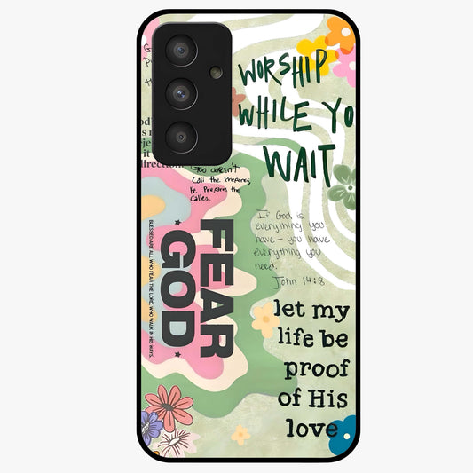 Faith Over Fear Glass Case showing flat back view with motivational typography artwork and glossy glass finish.