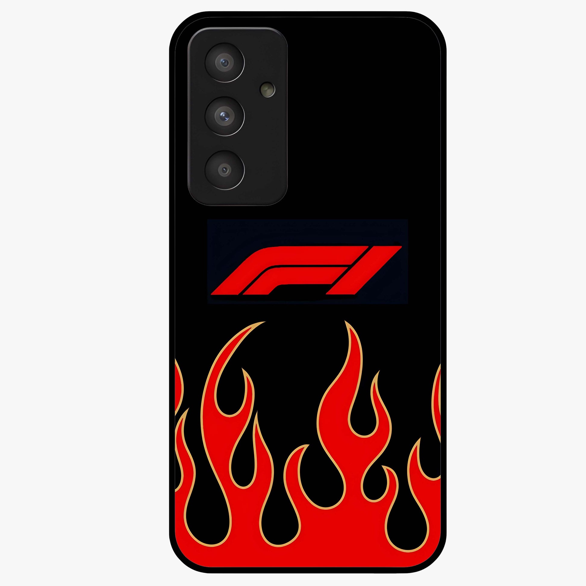 Fire F11 Glass Case showing flat back view with fiery themed artwork and glossy glass finish.