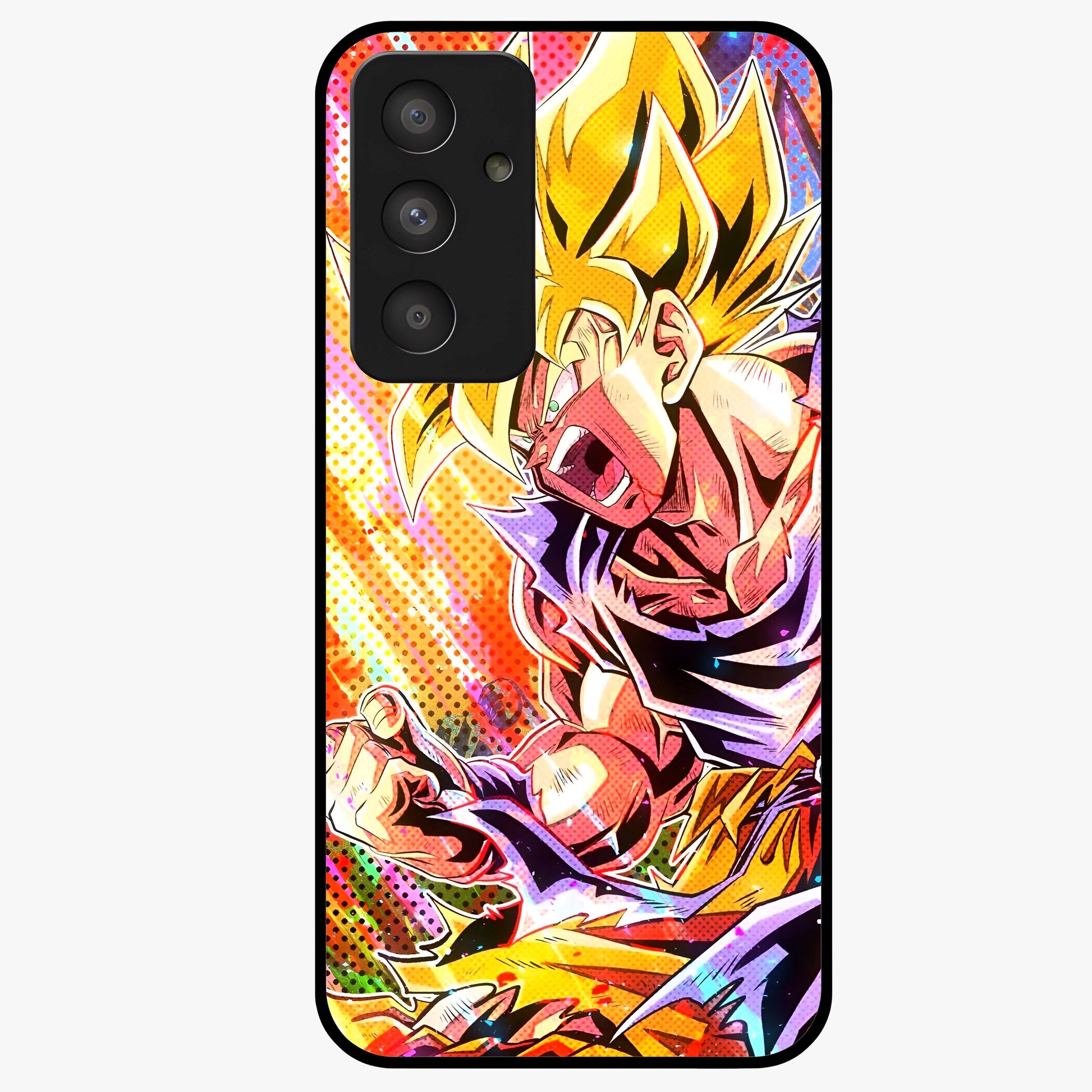 Firing Goku Glass Case showing flat back view with powerful anime inspired artwork and glossy glass finish.
