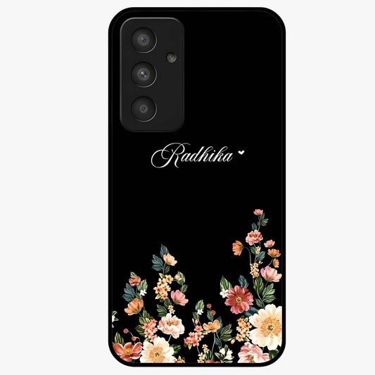 Floral Design With a Custom Personalized Name Glass Case showing flat back view with floral artwork and personalized name design.