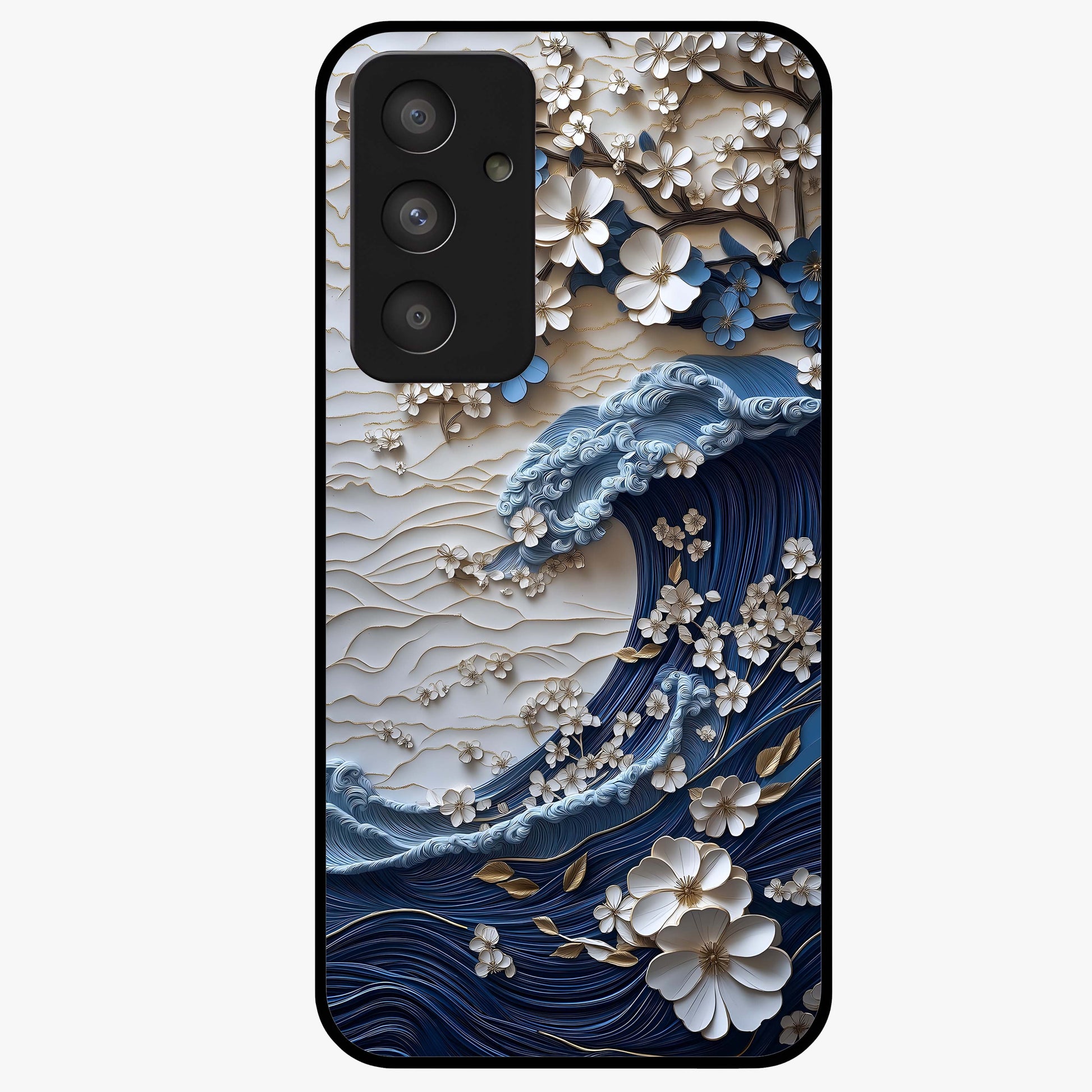 Floral Wave Origami Glass Case showing flat back view with origami inspired floral wave artwork and glossy glass finish.