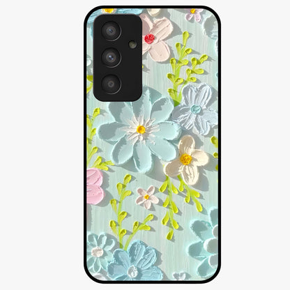 Frosted Petal Garden Glass Case showing flat back view with soft frosted floral artwork and glossy glass finish.