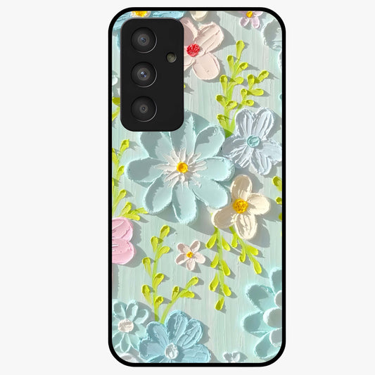 Frosted Petal Garden Glass Case showing flat back view with soft frosted floral artwork and glossy glass finish.