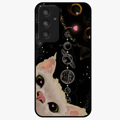 Galactic Cat Glass Case showing flat back view with cosmic cat artwork and glossy glass finish.
