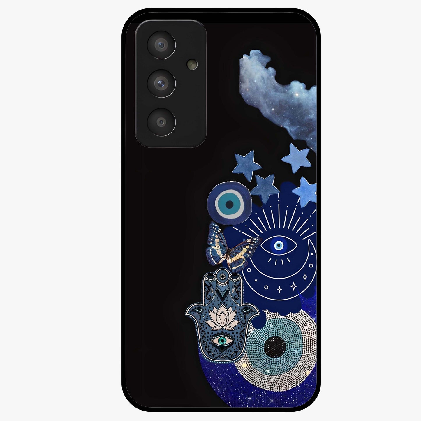 Galactic Charm Cluster Glass Case showing flat back view with glowing celestial charm artwork and glossy glass finish.