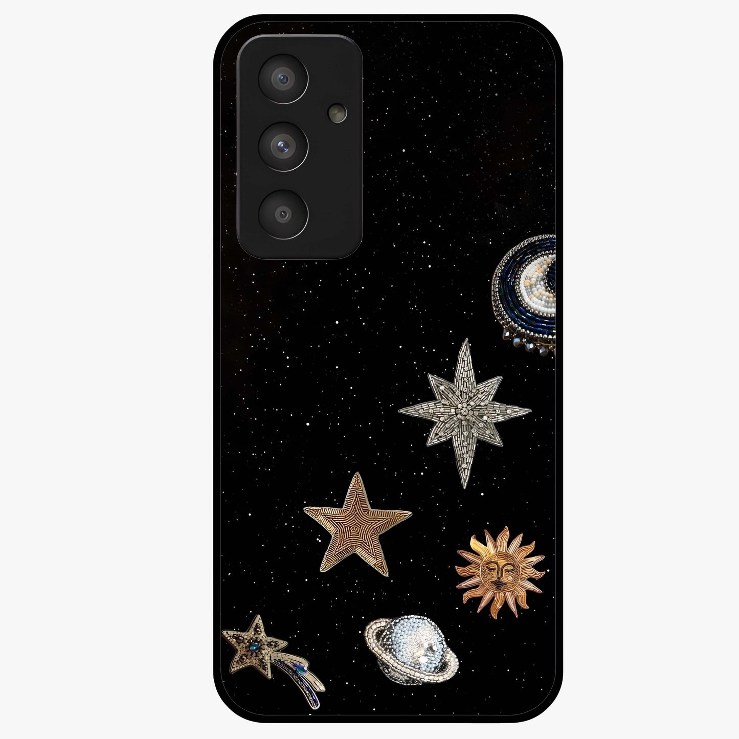 Galactic Charm Glow Glass Case showing flat back view with glowing celestial charm artwork and glossy glass finish.