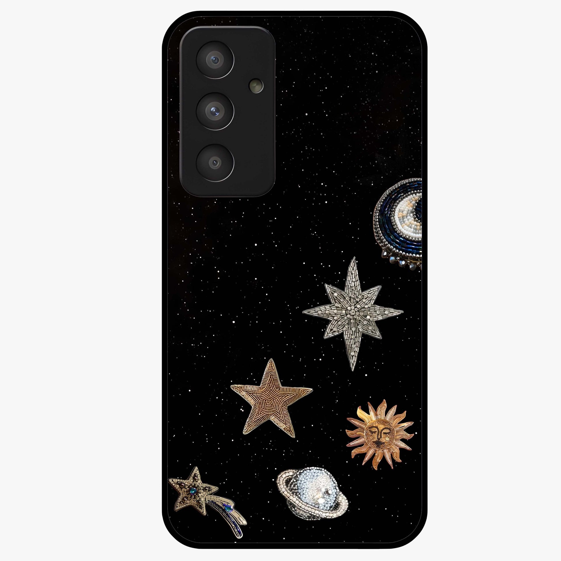 Galactic Charm Glow Glass Case showing flat back view with glowing celestial charm artwork and glossy glass finish.