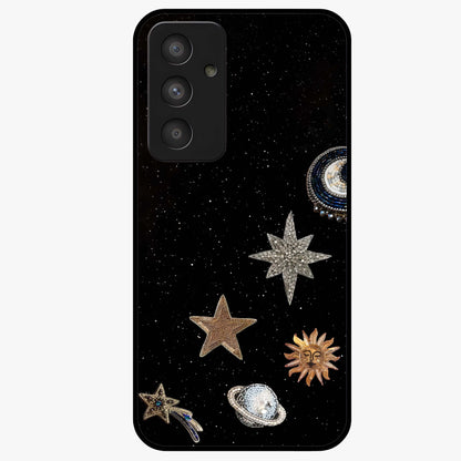 Galactic Charm Glow Glass Case showing flat back view with glowing celestial charm artwork and glossy glass finish.
