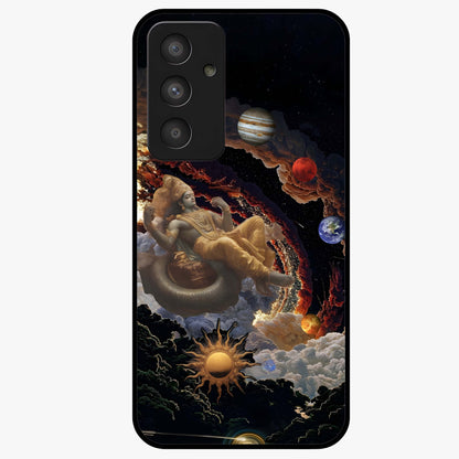Galactic Divine God Glass Case showing flat back view with divine cosmic themed artwork and glossy glass finish.