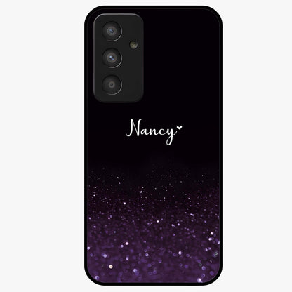 Glittery Purple Bokeh Custom Name Glass Case showing flat back view with purple bokeh sparkle artwork and personalized name design.