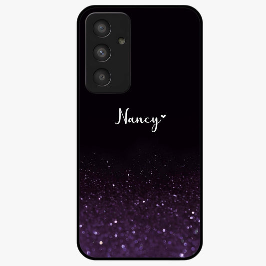 Glittery Purple Bokeh Custom Name Glass Case showing flat back view with purple bokeh sparkle artwork and personalized name design.
