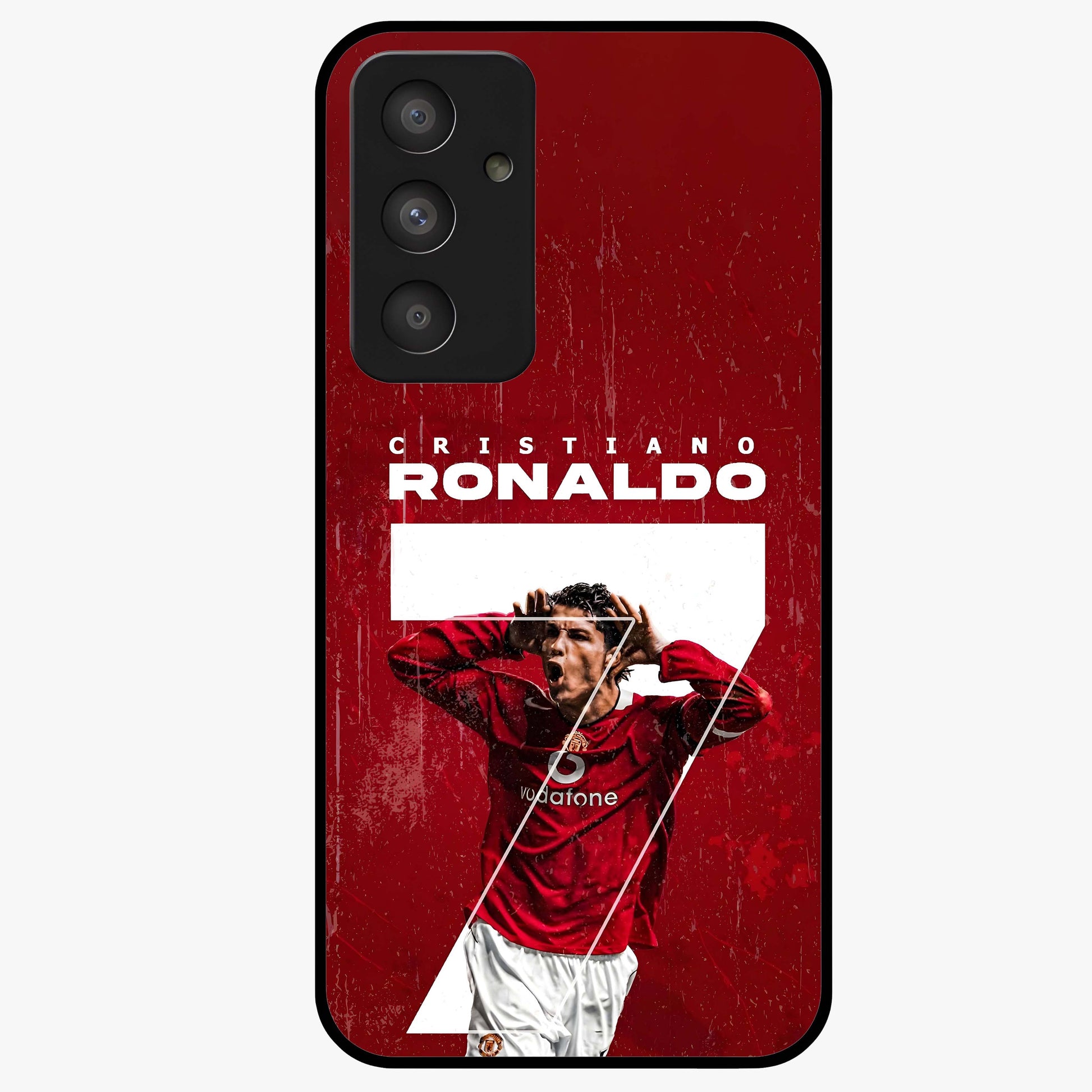 Goal Celebration Legacy Glass Case showing flat back view with football celebration inspired artwork and glossy glass finish.