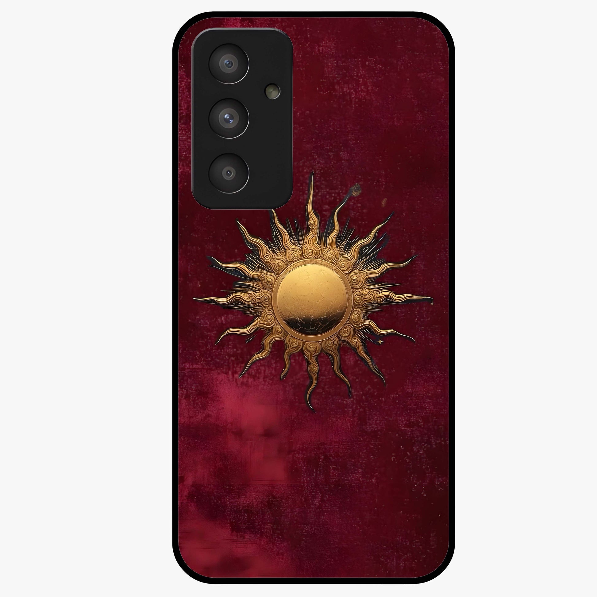 Gold Sun Blush Glass Case showing flat back view with golden sun inspired artwork and glossy glass finish.
