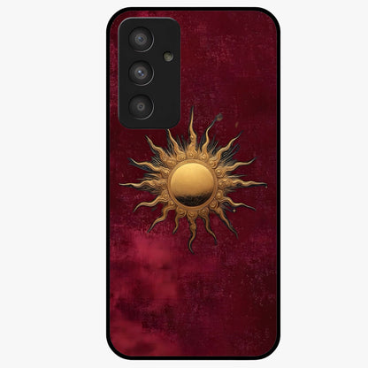 Gold Sun Blush Glass Case showing flat back view with golden sun inspired artwork and glossy glass finish.