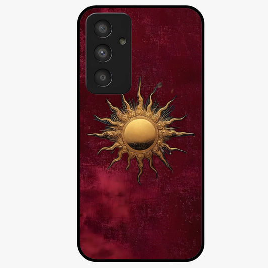 Gold Sun Blush Glass Case showing flat back view with golden sun inspired artwork and glossy glass finish.