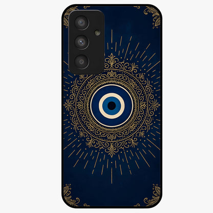 Golden Evil Eye Mandala Glass Case showing flat back view with intricate evil eye mandala artwork and glossy glass finish.