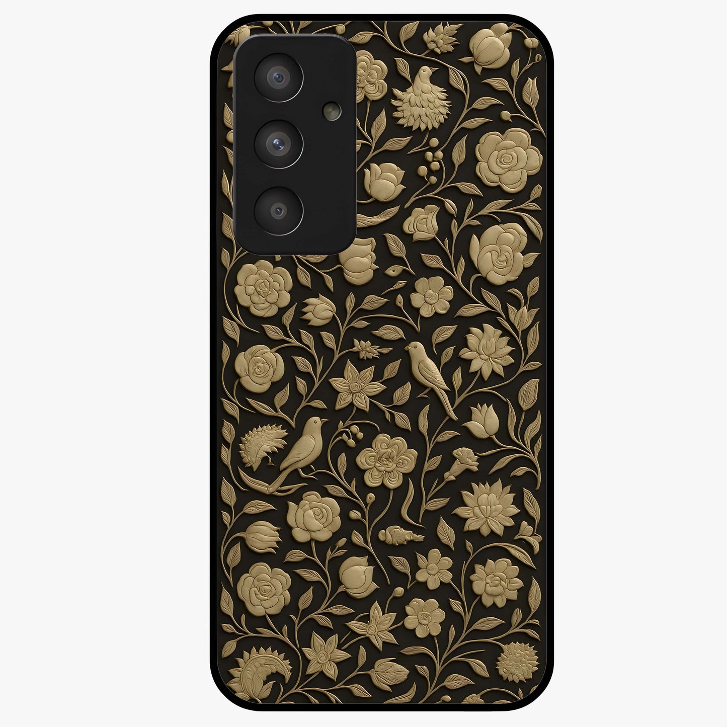 Golden Floral Majesty Glass Case showing flat back view with luxurious golden floral artwork and glossy glass finish.