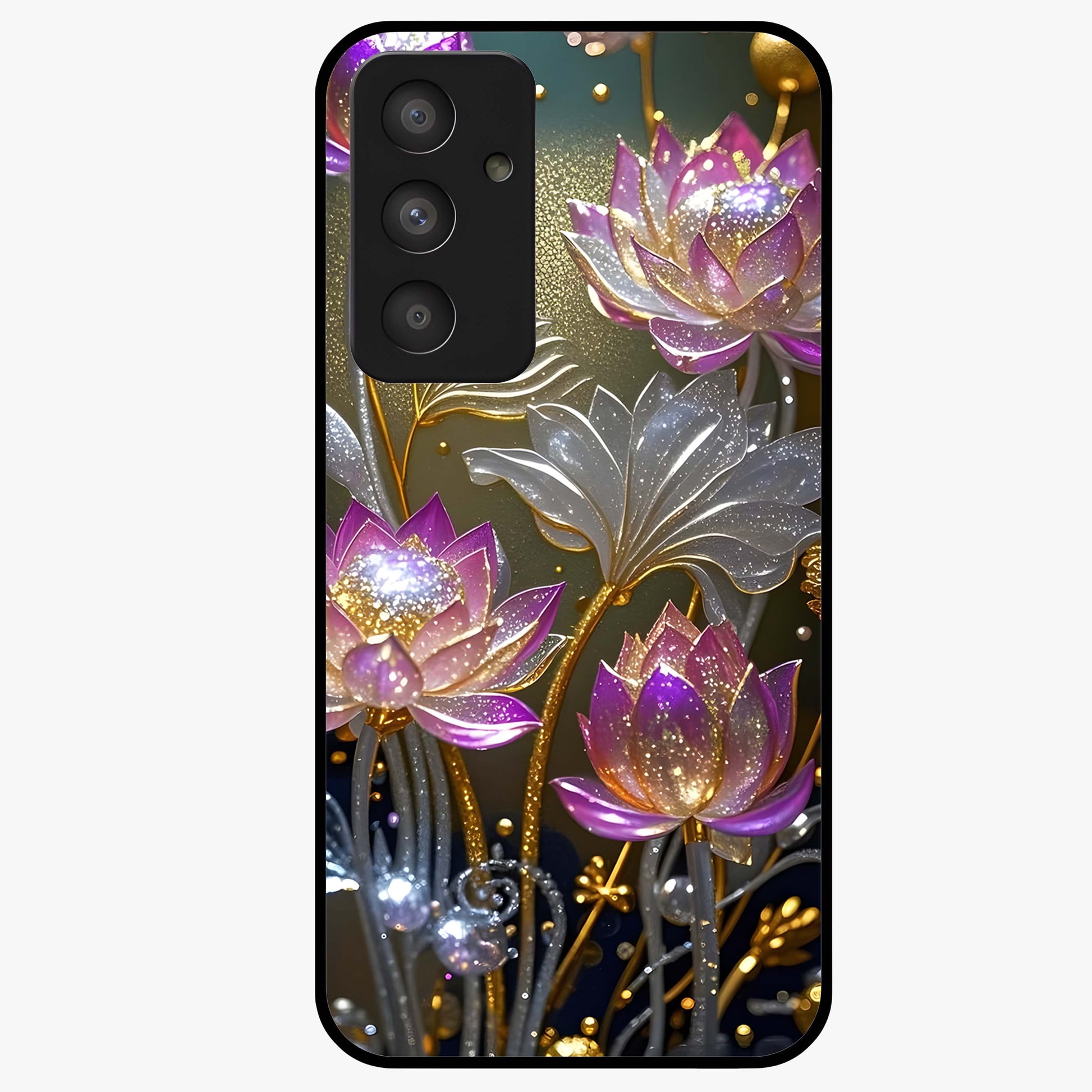 Golden Lotus Glow Glass Case showing flat back view with glowing lotus flower artwork and glossy glass finish.