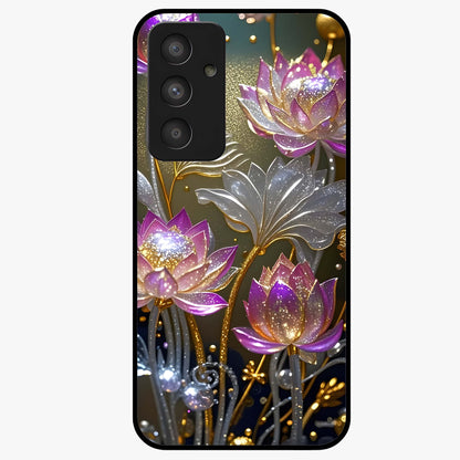 Golden Lotus Glow Glass Case showing flat back view with glowing lotus flower artwork and glossy glass finish.