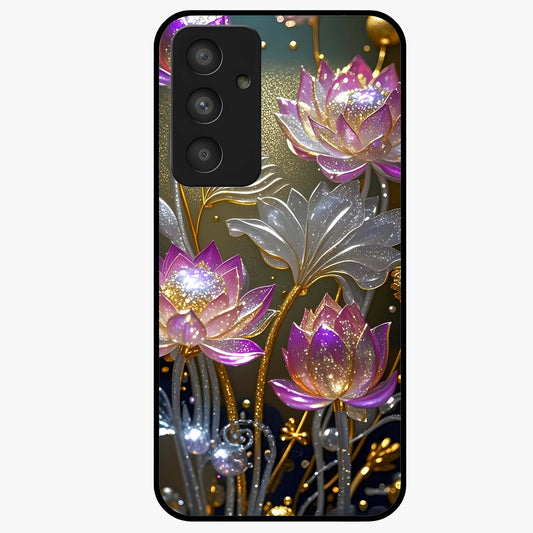 Golden Lotus Glow Glass Case showing flat back view with glowing lotus flower artwork and glossy glass finish.