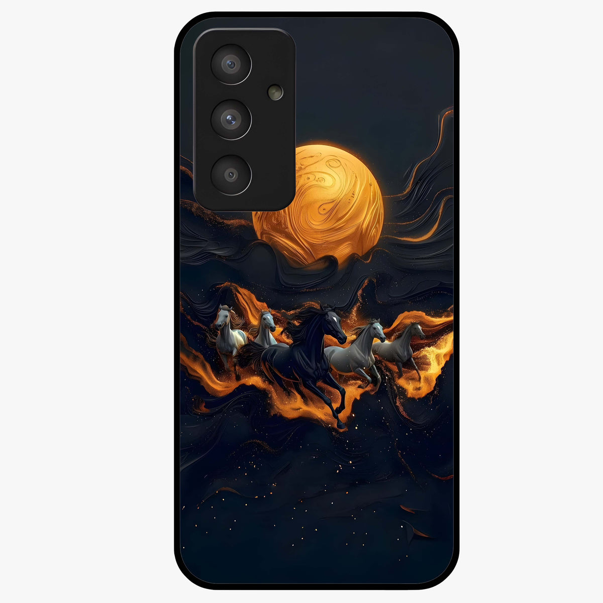 Golden Stallion Moonride Glass Case showing flat back view with majestic horse under moonlight artwork and glossy glass finish.