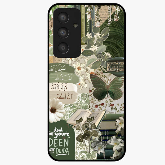Green Islamic Books Quotes Glass Case showing flat back view with Islamic quotes and book themed artwork and glossy glass finish.