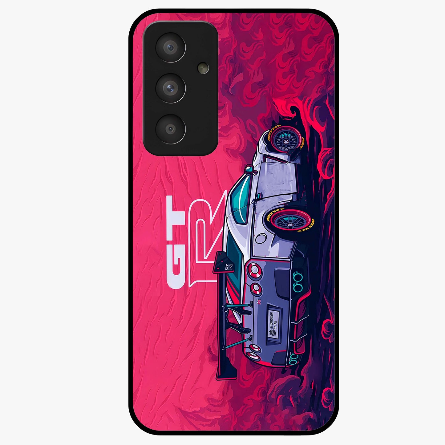 GT-R Car Pattern Glass Case showing flat back view with sporty car inspired pattern artwork and glossy glass finish.