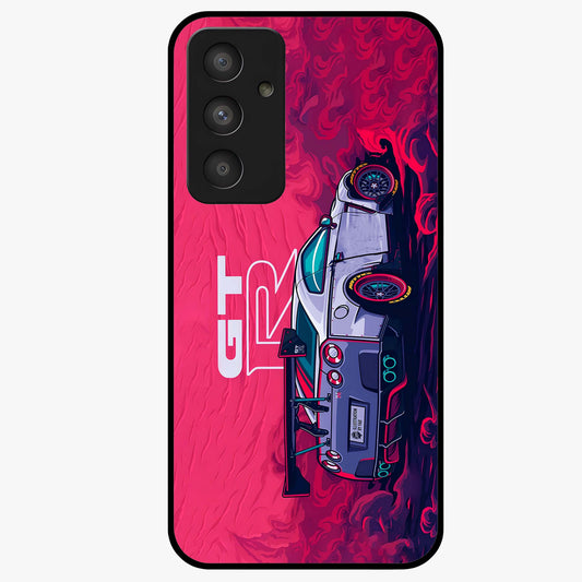GT-R Car Pattern Glass Case showing flat back view with sporty car inspired pattern artwork and glossy glass finish.