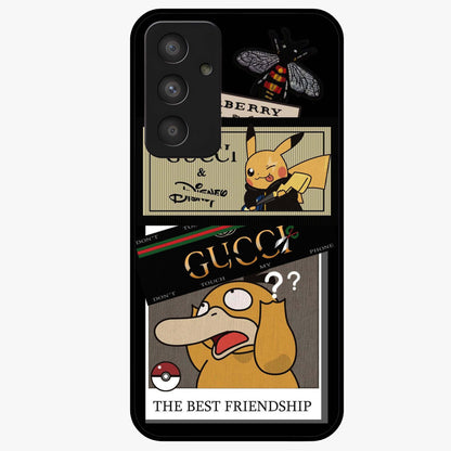 Gucci Play Mashup Glass Case showing flat back view with luxury inspired graphic artwork and glossy glass finish.