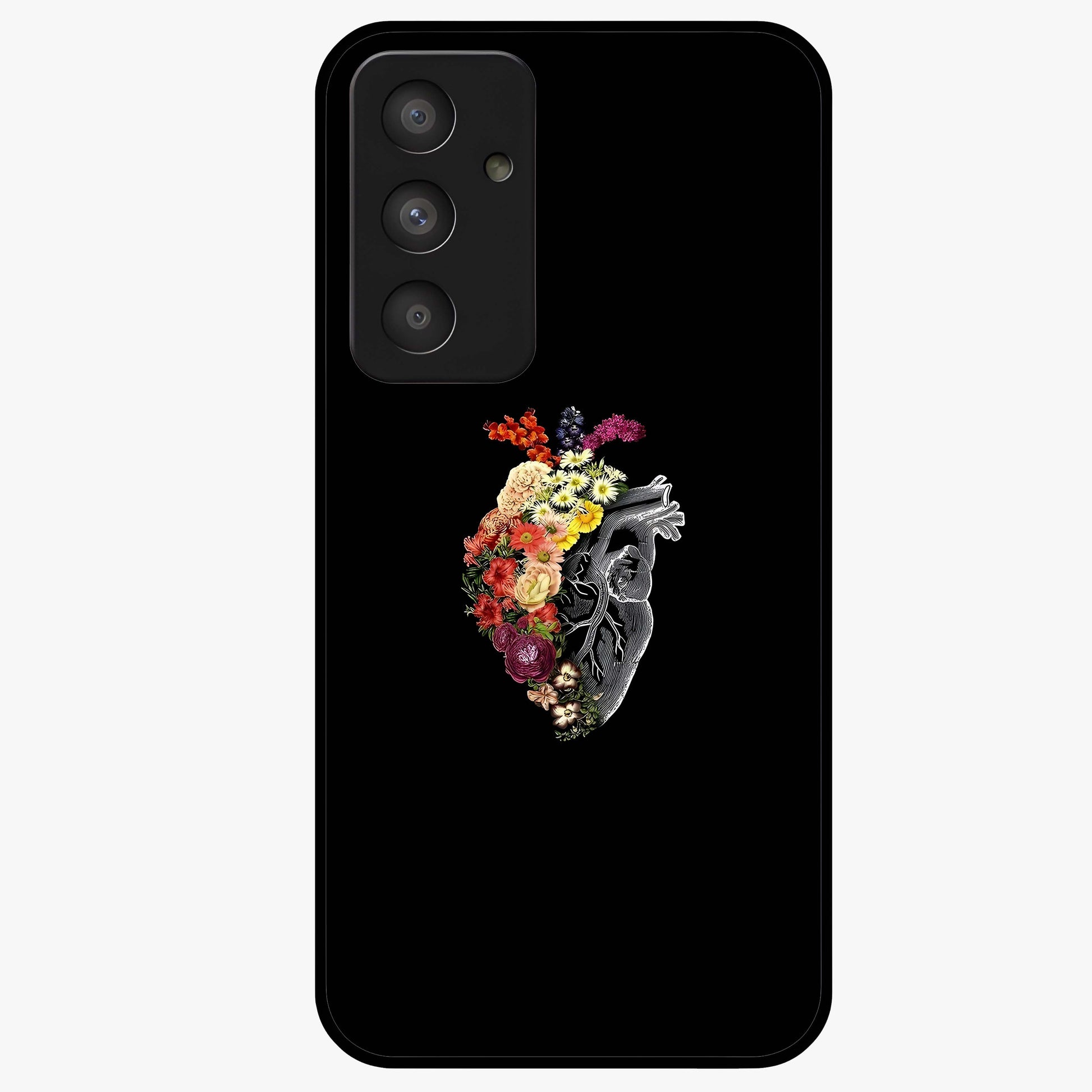 Heart With Flowers Glass Case showing flat back view with heart shaped floral artwork and glossy glass finish.