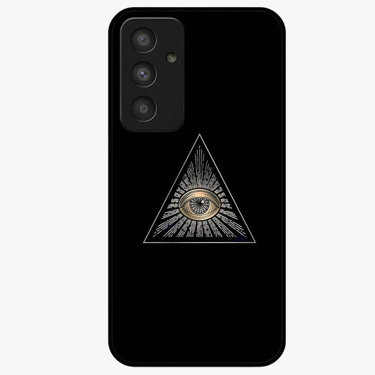 Illuminati Evil Glass Case showing flat back view with mysterious illuminati symbol artwork and glossy glass finish.