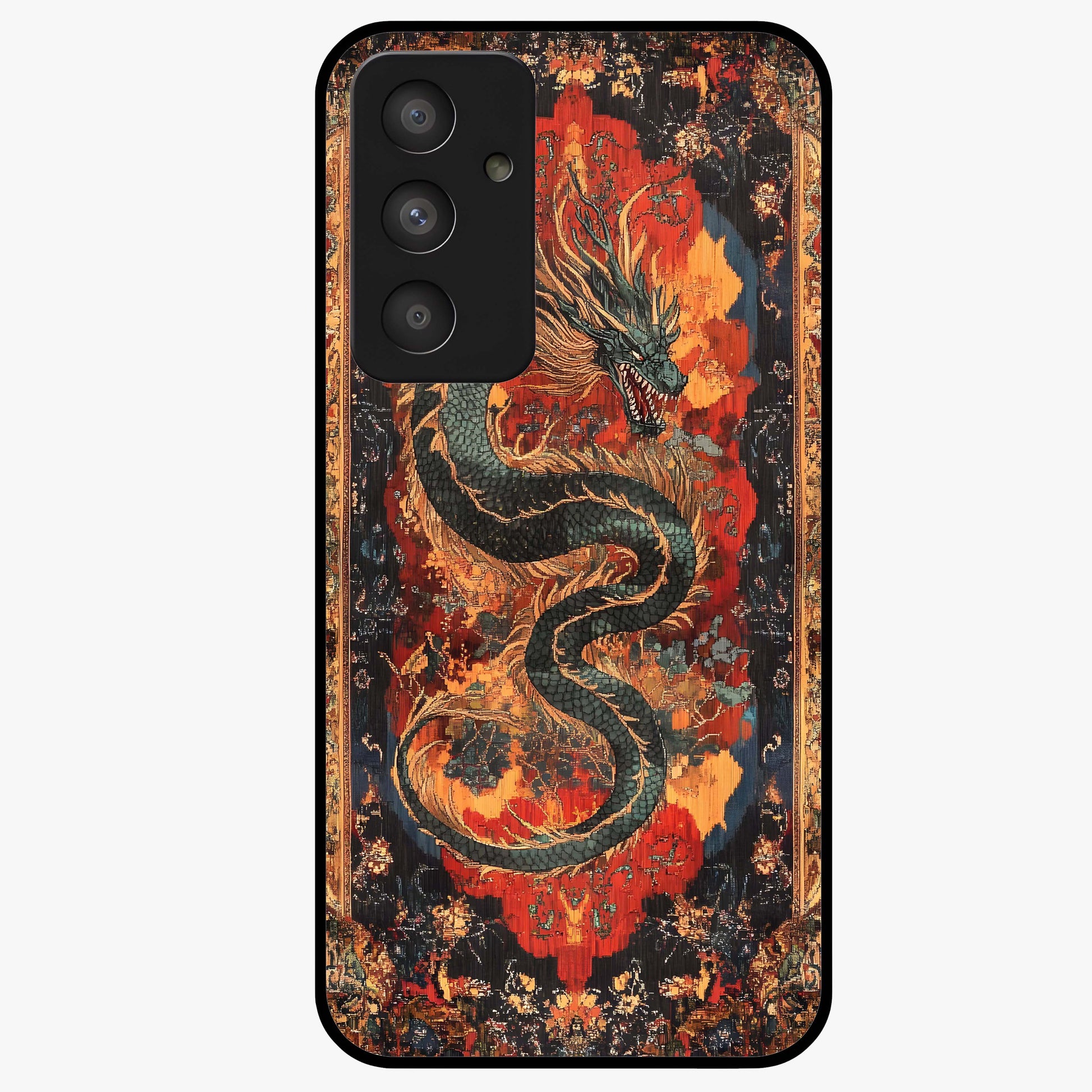 Inferno Dragon Soul Glass Case showing flat back view with fiery dragon artwork and glossy glass finish.