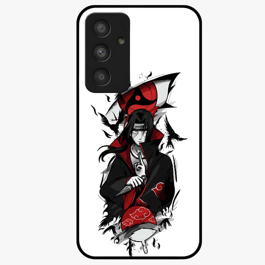 Itachi Sharingan Glass Case showing flat back view with powerful anime eye artwork and glossy glass finish.