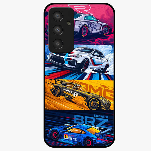 JDM Sports Car Glass Case showing flat back view with high performance sports car artwork and glossy glass finish.
