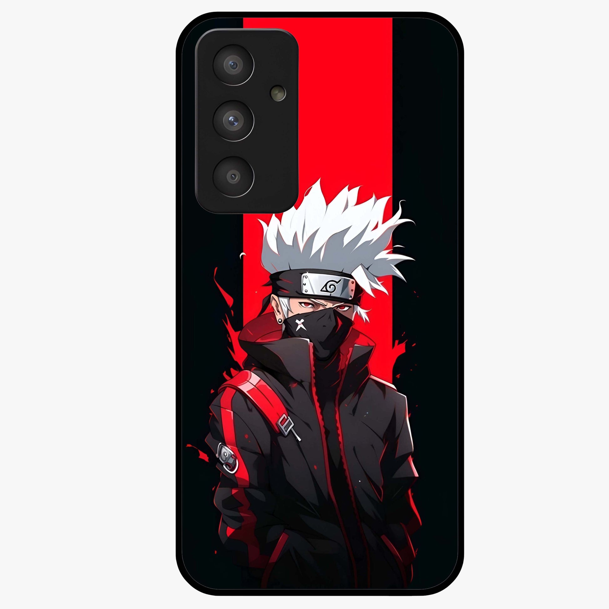Kakashi Scarlet Shadow Glass Case showing flat back view with powerful anime ninja artwork and glossy glass finish.
