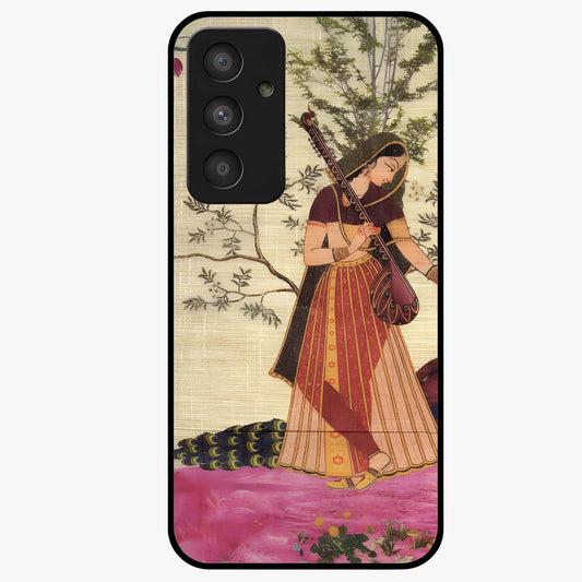 Lady With Veena Art Glass Case showing flat back view with elegant woman playing veena artwork and glossy glass finish.