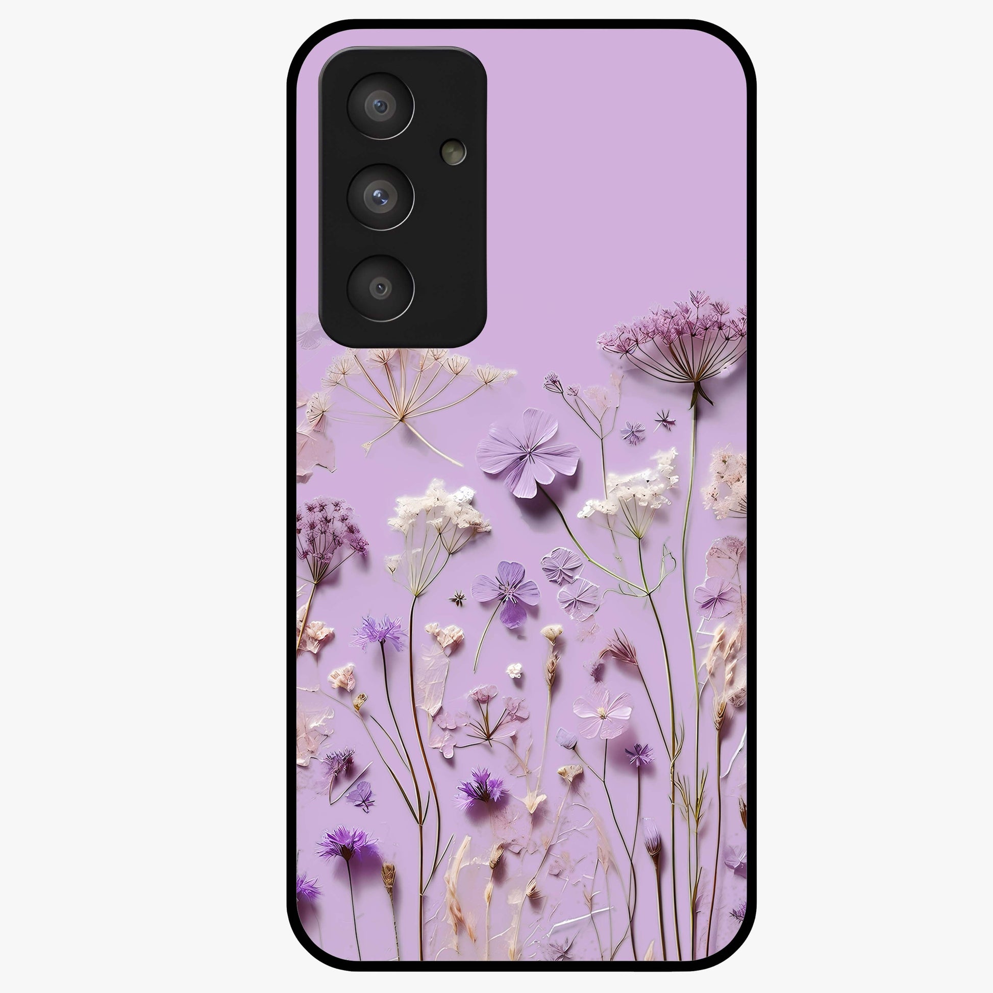 Lavender Blossom Dream Glass Case showing flat back view with soft lavender floral artwork and glossy glass finish.