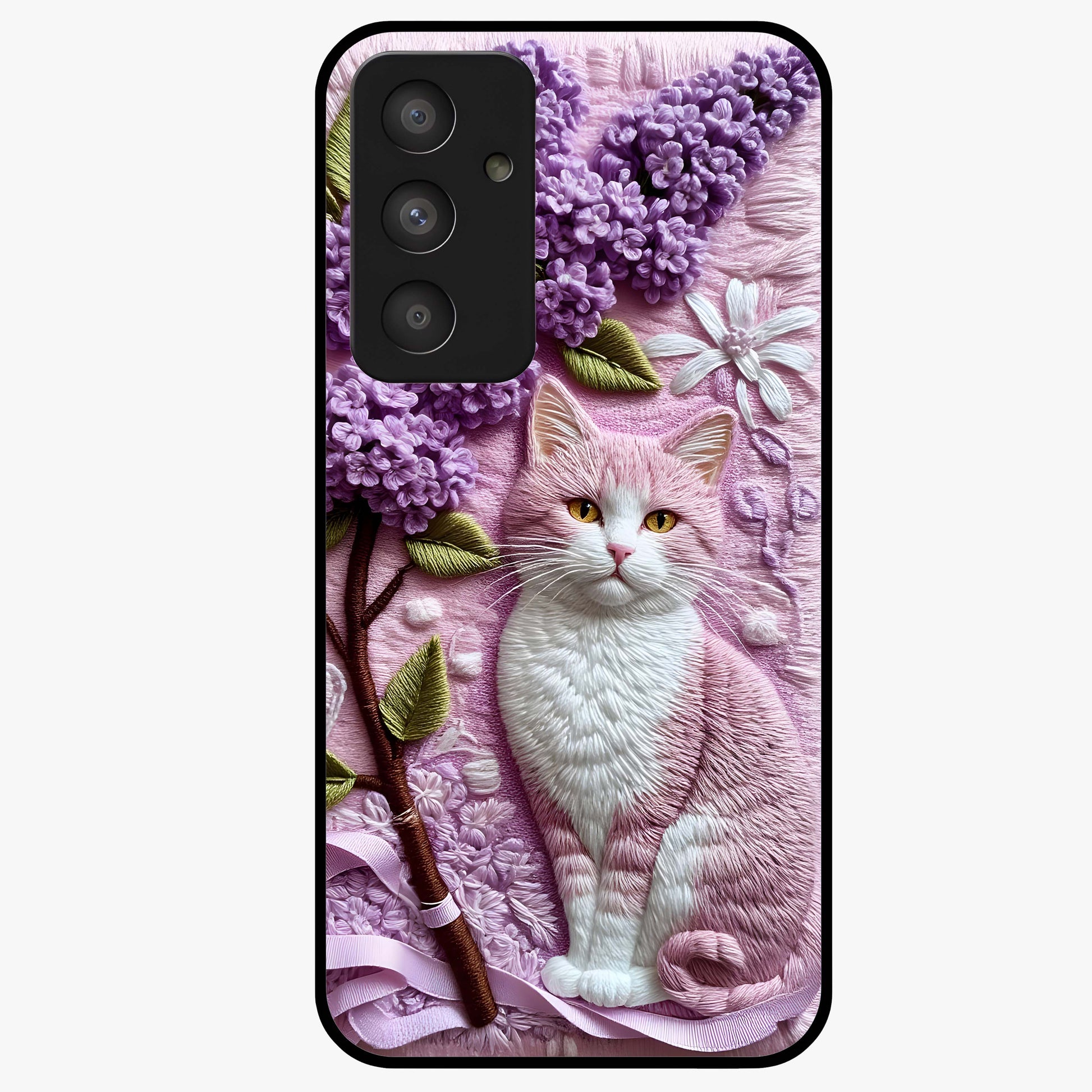 Lavender Cat Whimsy Glass Case showing flat back view with cute lavender cat artwork and glossy glass finish.