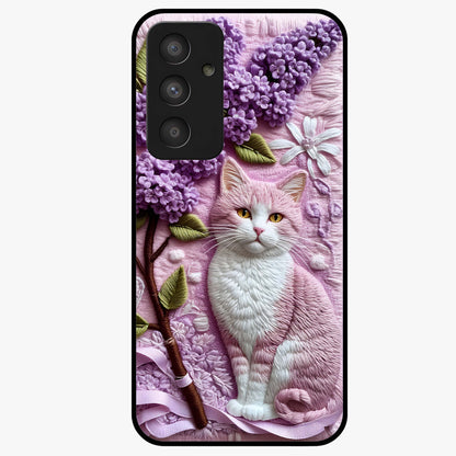 Lavender Cat Whimsy Glass Case showing flat back view with cute lavender cat artwork and glossy glass finish.