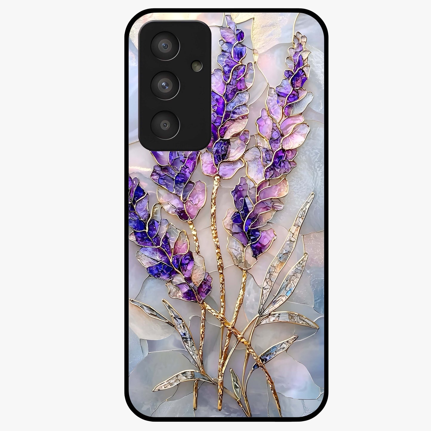 Lavender Dream Glow Glass Case showing flat back view with glowing lavender aesthetic artwork and glossy glass finish.